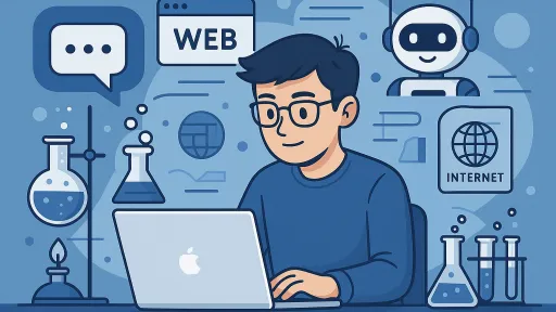 Illustration of a person working in an office with a laptop and thinking about different technologies